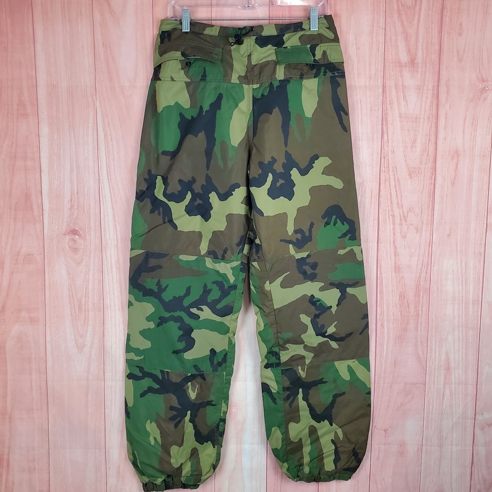 Gore Tex Mens Pants Sz Medium Green Camo Waterproof Drawstring Military Hunting